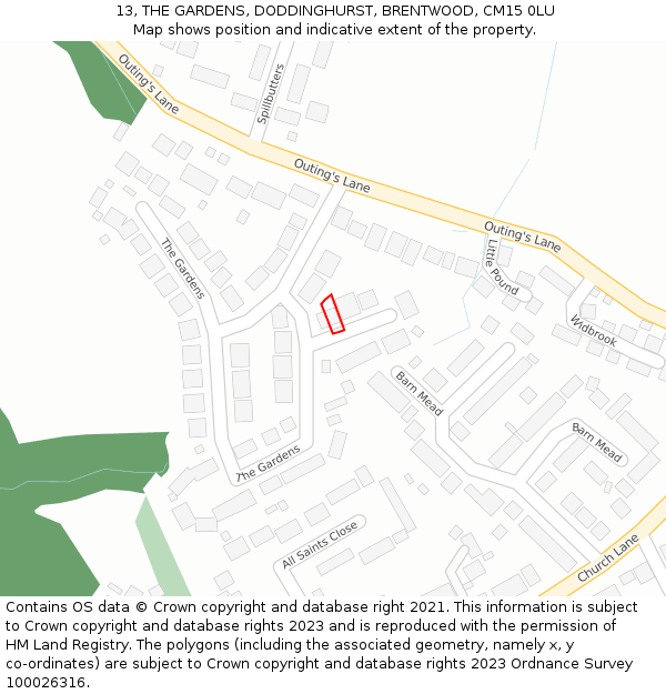 13, THE GARDENS, DODDINGHURST, BRENTWOOD, CM15 0LU: Location map and indicative extent of plot