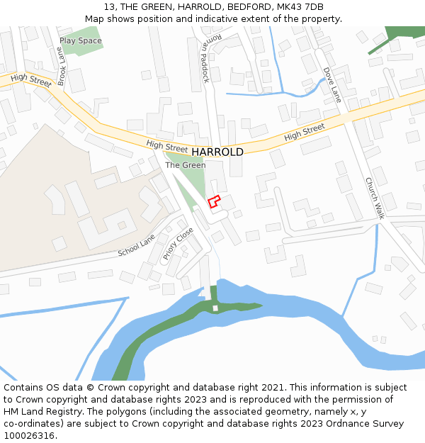 13, THE GREEN, HARROLD, BEDFORD, MK43 7DB: Location map and indicative extent of plot