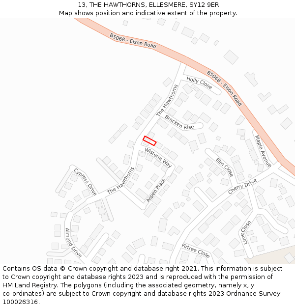 13, THE HAWTHORNS, ELLESMERE, SY12 9ER: Location map and indicative extent of plot