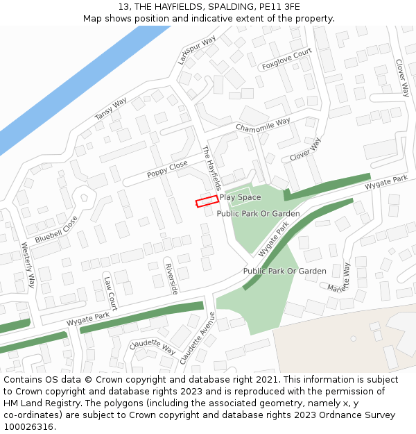 13, THE HAYFIELDS, SPALDING, PE11 3FE: Location map and indicative extent of plot