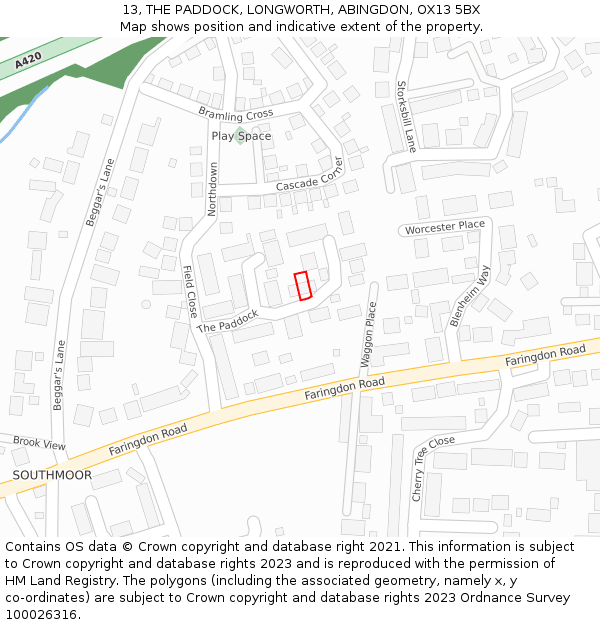 13, THE PADDOCK, LONGWORTH, ABINGDON, OX13 5BX: Location map and indicative extent of plot