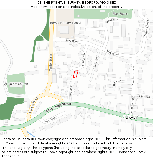 13, THE PYGHTLE, TURVEY, BEDFORD, MK43 8ED: Location map and indicative extent of plot