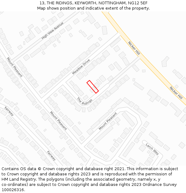 13, THE RIDINGS, KEYWORTH, NOTTINGHAM, NG12 5EF: Location map and indicative extent of plot
