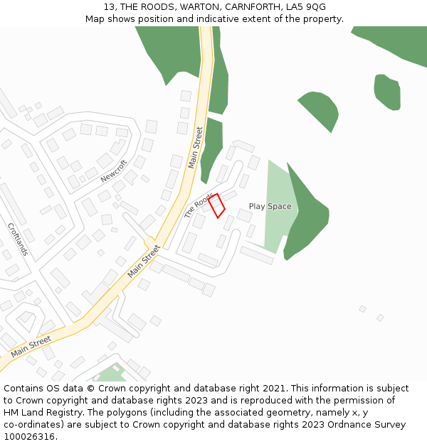 13, THE ROODS, WARTON, CARNFORTH, LA5 9QG: Location map and indicative extent of plot