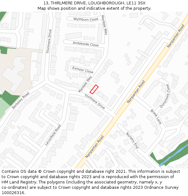 13, THIRLMERE DRIVE, LOUGHBOROUGH, LE11 3SX: Location map and indicative extent of plot