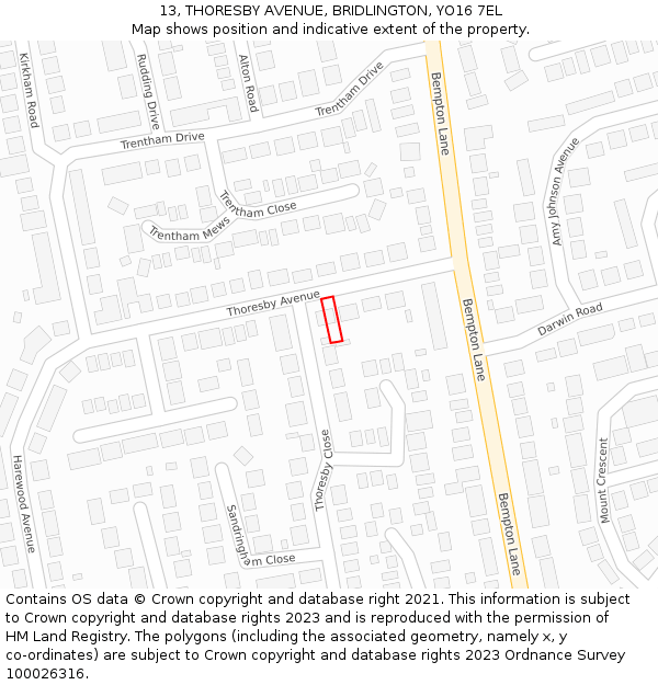 13, THORESBY AVENUE, BRIDLINGTON, YO16 7EL: Location map and indicative extent of plot