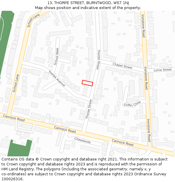 13, THORPE STREET, BURNTWOOD, WS7 1NJ: Location map and indicative extent of plot