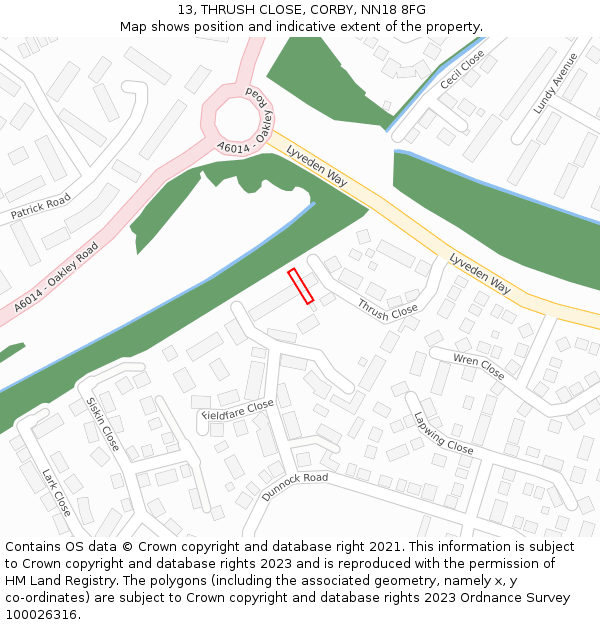 13, THRUSH CLOSE, CORBY, NN18 8FG: Location map and indicative extent of plot