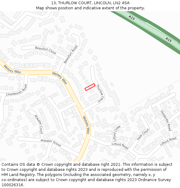 13, THURLOW COURT, LINCOLN, LN2 4SA: Location map and indicative extent of plot