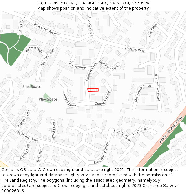 13, THURNEY DRIVE, GRANGE PARK, SWINDON, SN5 6EW: Location map and indicative extent of plot