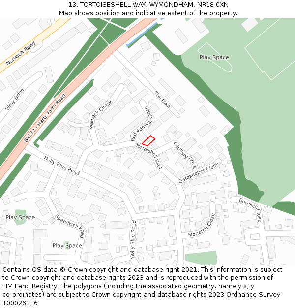 13, TORTOISESHELL WAY, WYMONDHAM, NR18 0XN: Location map and indicative extent of plot