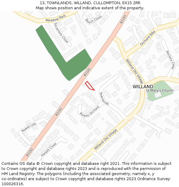 13, TOWNLANDS, WILLAND, CULLOMPTON, EX15 2RR: Location map and indicative extent of plot