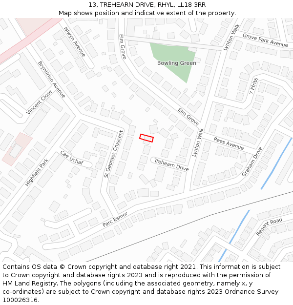 13, TREHEARN DRIVE, RHYL, LL18 3RR: Location map and indicative extent of plot