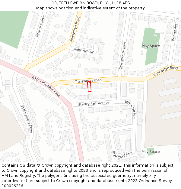 13, TRELLEWELYN ROAD, RHYL, LL18 4ES: Location map and indicative extent of plot