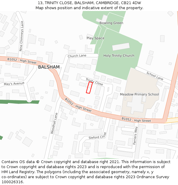 13, TRINITY CLOSE, BALSHAM, CAMBRIDGE, CB21 4DW: Location map and indicative extent of plot