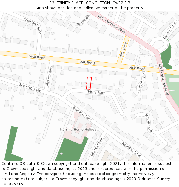 13, TRINITY PLACE, CONGLETON, CW12 3JB: Location map and indicative extent of plot