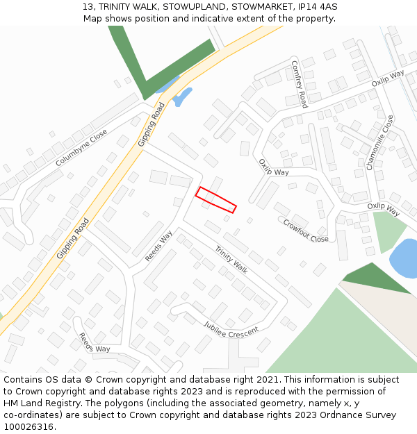 13, TRINITY WALK, STOWUPLAND, STOWMARKET, IP14 4AS: Location map and indicative extent of plot