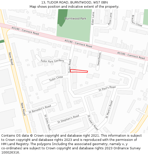 13, TUDOR ROAD, BURNTWOOD, WS7 0BN: Location map and indicative extent of plot