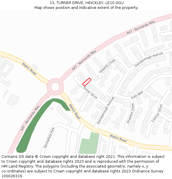 13, TURNER DRIVE, HINCKLEY, LE10 0GU: Location map and indicative extent of plot