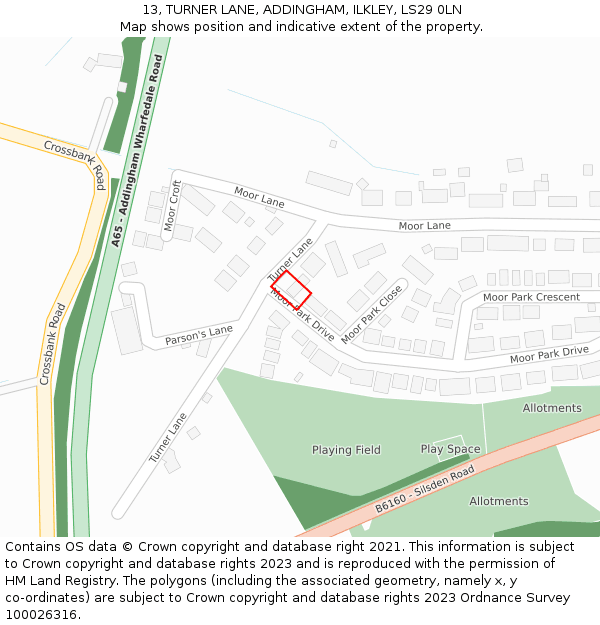 13, TURNER LANE, ADDINGHAM, ILKLEY, LS29 0LN: Location map and indicative extent of plot