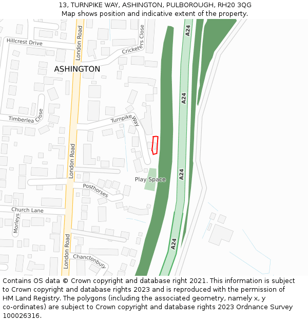 13, TURNPIKE WAY, ASHINGTON, PULBOROUGH, RH20 3QG: Location map and indicative extent of plot