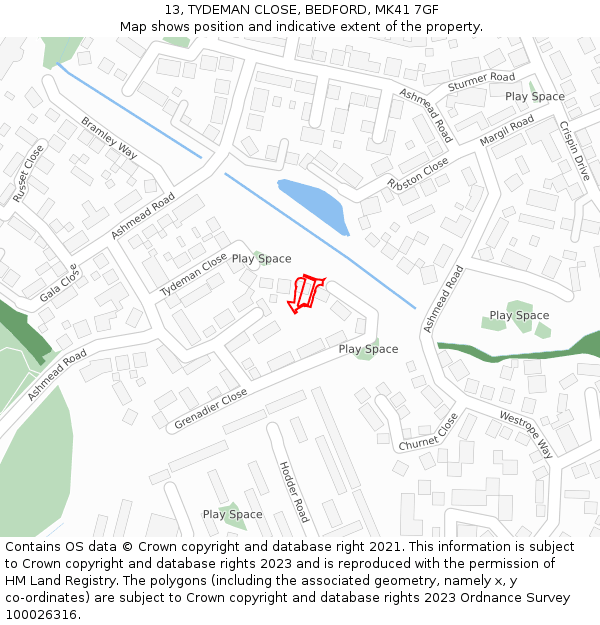 13, TYDEMAN CLOSE, BEDFORD, MK41 7GF: Location map and indicative extent of plot