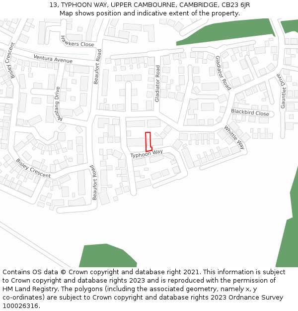 13, TYPHOON WAY, UPPER CAMBOURNE, CAMBRIDGE, CB23 6JR: Location map and indicative extent of plot