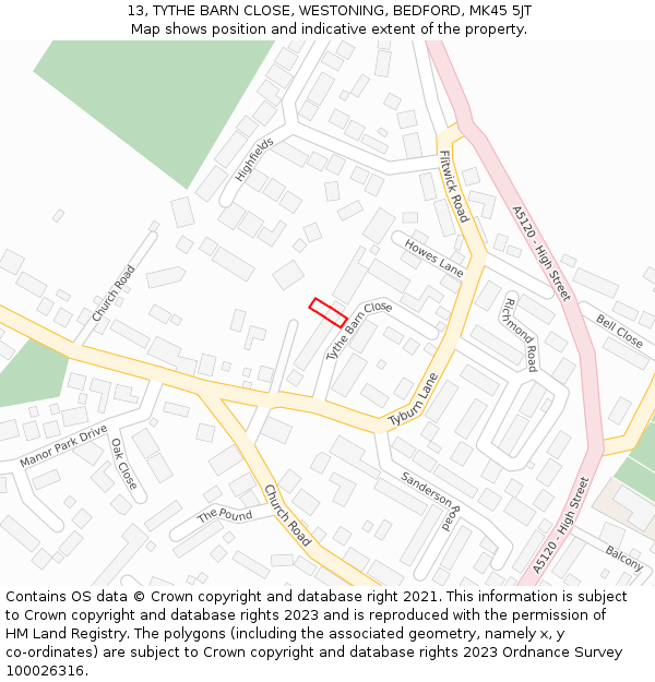 13, TYTHE BARN CLOSE, WESTONING, BEDFORD, MK45 5JT: Location map and indicative extent of plot