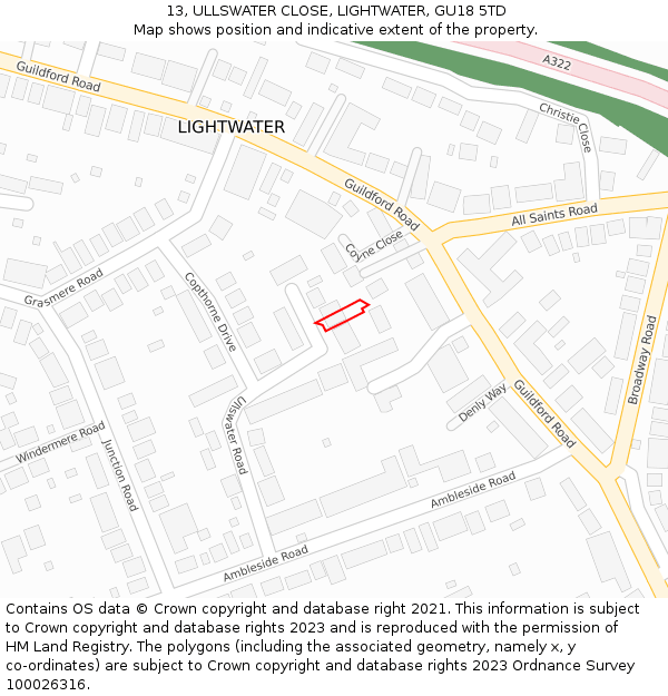 13, ULLSWATER CLOSE, LIGHTWATER, GU18 5TD: Location map and indicative extent of plot