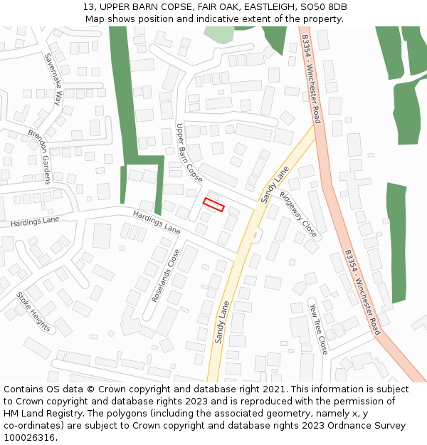 13, UPPER BARN COPSE, FAIR OAK, EASTLEIGH, SO50 8DB: Location map and indicative extent of plot