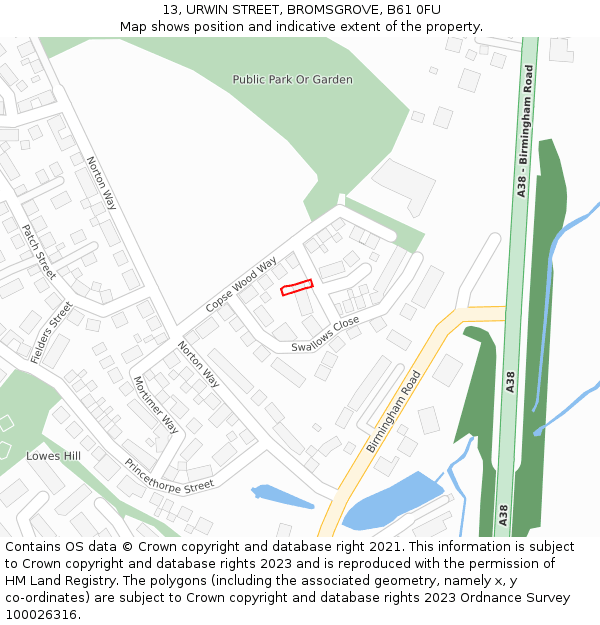 13, URWIN STREET, BROMSGROVE, B61 0FU: Location map and indicative extent of plot