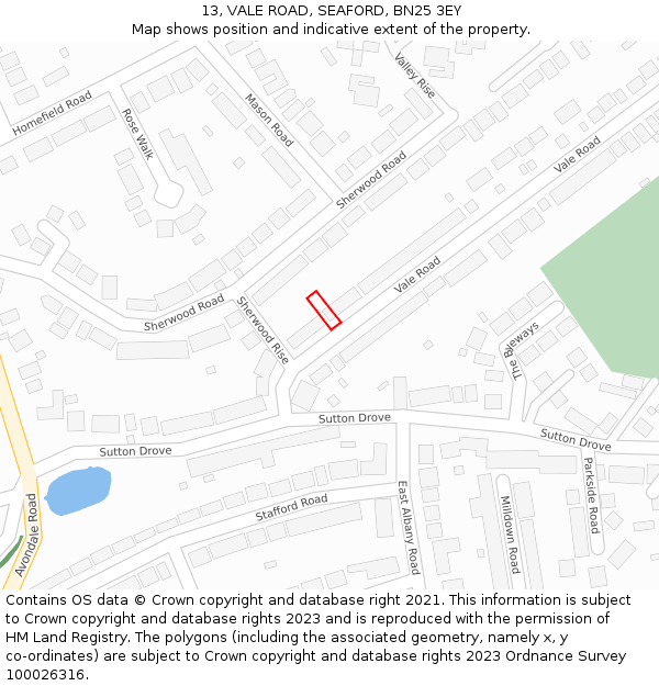 13, VALE ROAD, SEAFORD, BN25 3EY: Location map and indicative extent of plot