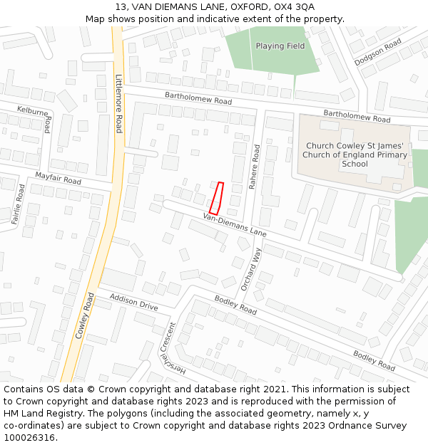 13, VAN DIEMANS LANE, OXFORD, OX4 3QA: Location map and indicative extent of plot