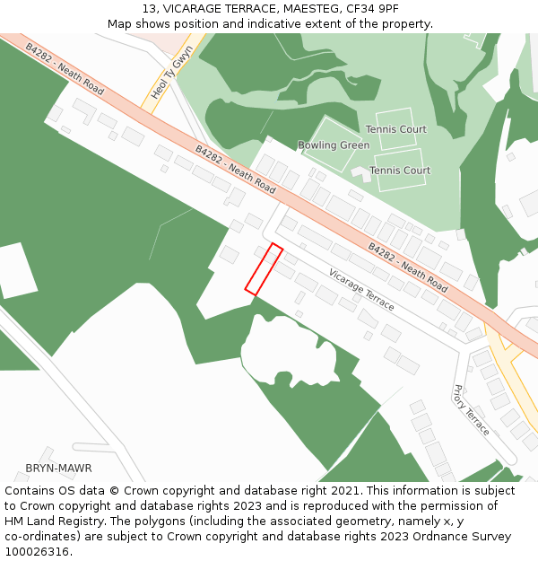 13, VICARAGE TERRACE, MAESTEG, CF34 9PF: Location map and indicative extent of plot