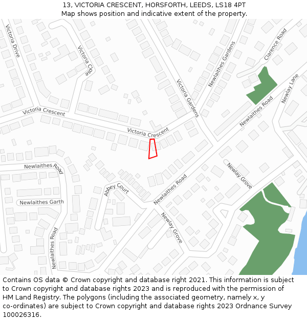 13, VICTORIA CRESCENT, HORSFORTH, LEEDS, LS18 4PT: Location map and indicative extent of plot