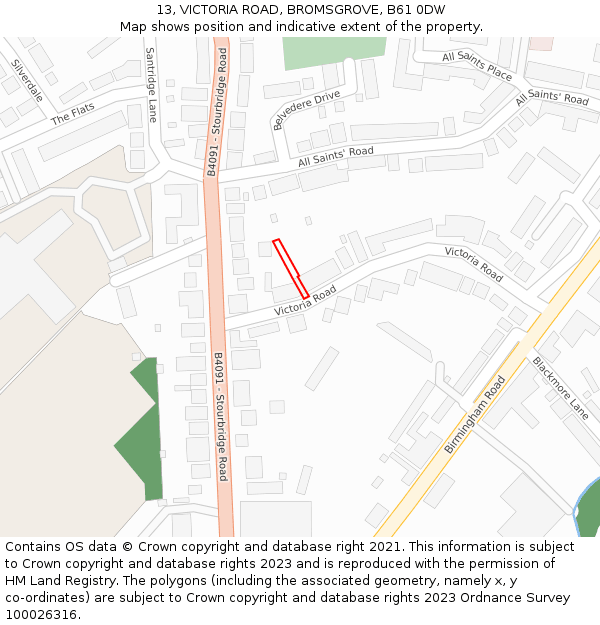 13, VICTORIA ROAD, BROMSGROVE, B61 0DW: Location map and indicative extent of plot