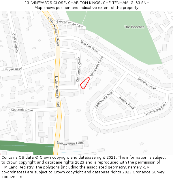 13, VINEYARDS CLOSE, CHARLTON KINGS, CHELTENHAM, GL53 8NH: Location map and indicative extent of plot