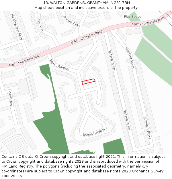 13, WALTON GARDENS, GRANTHAM, NG31 7BH: Location map and indicative extent of plot