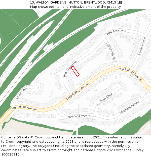 13, WALTON GARDENS, HUTTON, BRENTWOOD, CM13 1EJ: Location map and indicative extent of plot