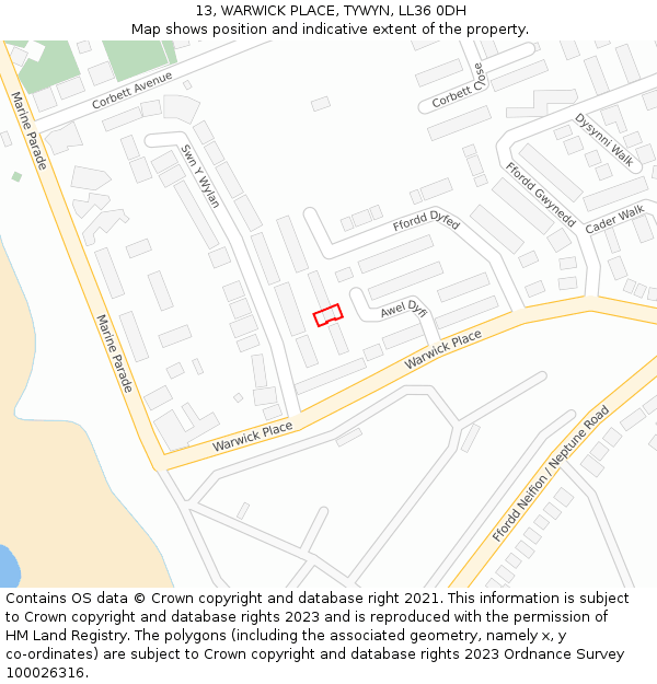 13, WARWICK PLACE, TYWYN, LL36 0DH: Location map and indicative extent of plot