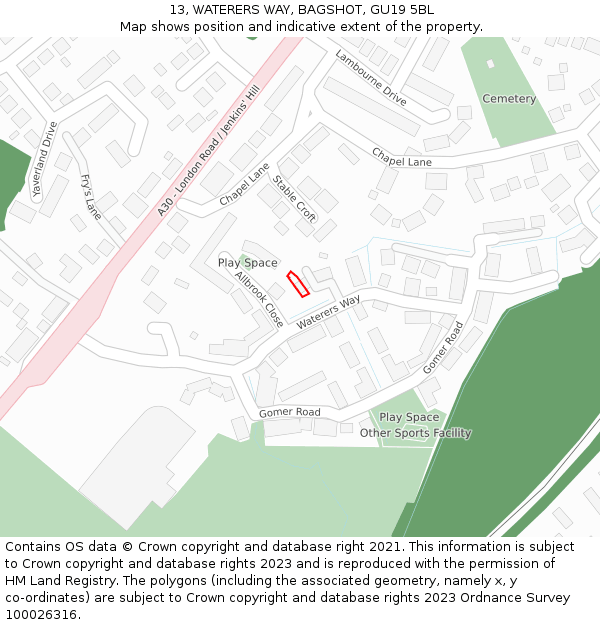 13, WATERERS WAY, BAGSHOT, GU19 5BL: Location map and indicative extent of plot