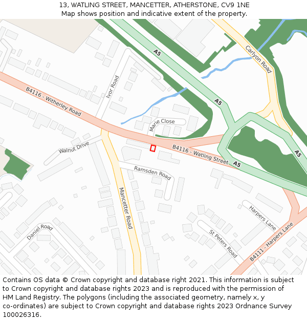 13, WATLING STREET, MANCETTER, ATHERSTONE, CV9 1NE: Location map and indicative extent of plot