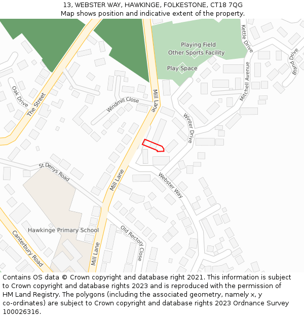 13, WEBSTER WAY, HAWKINGE, FOLKESTONE, CT18 7QG: Location map and indicative extent of plot