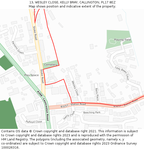 13, WESLEY CLOSE, KELLY BRAY, CALLINGTON, PL17 8EZ: Location map and indicative extent of plot
