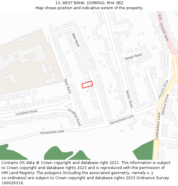 13, WEST BANK, DORKING, RH4 3BZ: Location map and indicative extent of plot