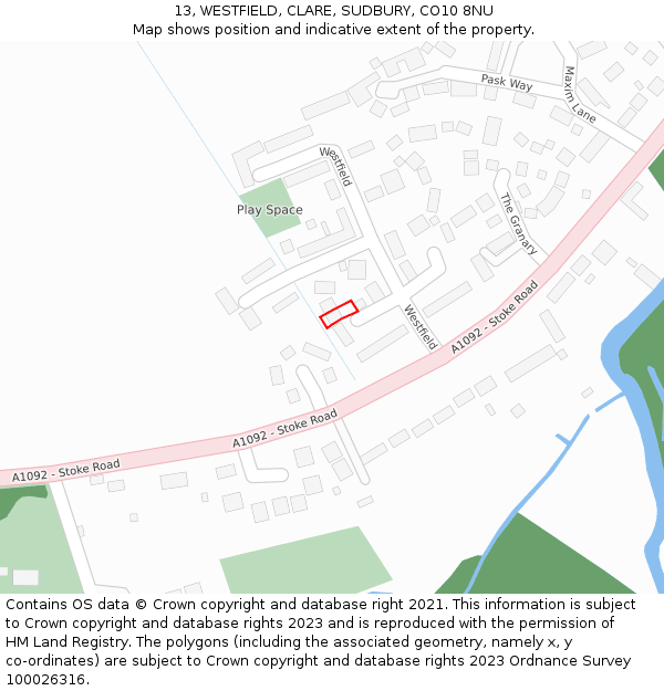 13, WESTFIELD, CLARE, SUDBURY, CO10 8NU: Location map and indicative extent of plot