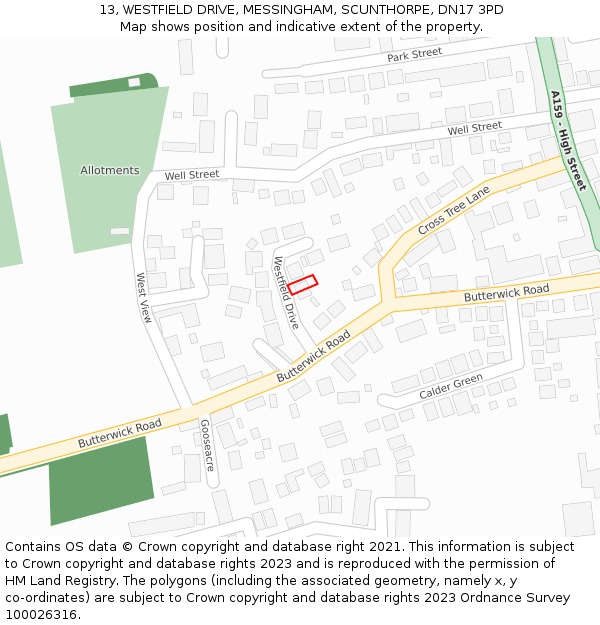 13, WESTFIELD DRIVE, MESSINGHAM, SCUNTHORPE, DN17 3PD: Location map and indicative extent of plot