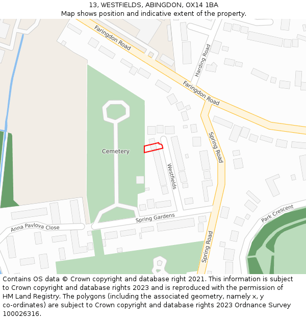 13, WESTFIELDS, ABINGDON, OX14 1BA: Location map and indicative extent of plot