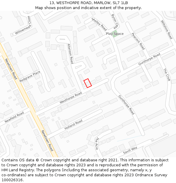 13, WESTHORPE ROAD, MARLOW, SL7 1LB: Location map and indicative extent of plot