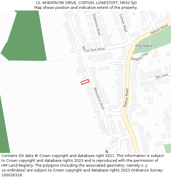 13, WHEATACRE DRIVE, CORTON, LOWESTOFT, NR32 5JG: Location map and indicative extent of plot
